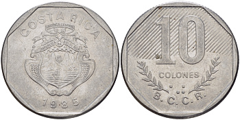 Коста-Рика 10 колонов 1985 B.C.C.R. KM 215.2 нержавеющая сталь 82-114