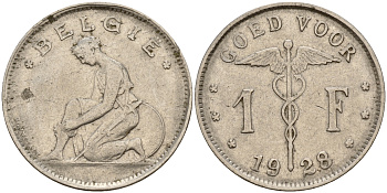 Бельгия 1 франк 1928/23 Belgie KM 90 никель    4161-1156