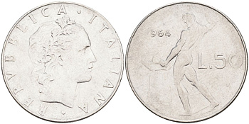 Италия 50 лир 1964 R, бог огня Вулкан у наковальни KM 95.1 нержавеющая сталь 4538-541