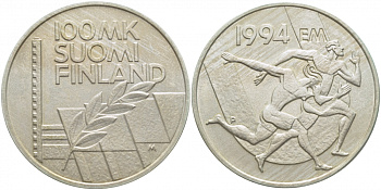 Финляндия 100 марок 1994 стадион дружбы, бег KM 78 серебро UNC 3896-914