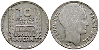 Франция 10 франков 1934 Пьер Тюрен KM 878, Le Franc 360.7 серебро 93-443