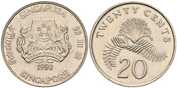 Сингапур 20 центов 1990 KM 52 медно-никель 4364-2542