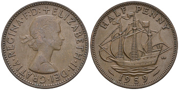 Великобритания 1/2 пенни 1959 Елизавета II (1952-2022) KM 896, Spink 4158 бронза 4610-657