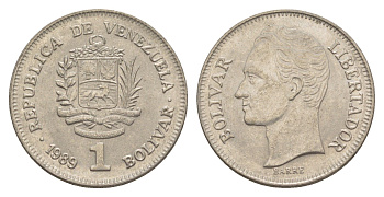 Венесуэла 1 боливар 1989 Симон Боливар, тонкий шрифт Y 52a.1 сталь плакированная никелем 4589-655