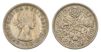 Великобритания 6 пенсов 1960 Елизавета II (1952-2022) KM 903, Spink 4149 медно-никель 4649-616
