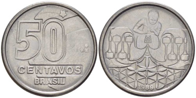 БРАЗИЛИЯ 50 СЕНТАВО 1989 РЕФОРМА 1989-1990 KM 614 нержавеющая сталь 116-1261
