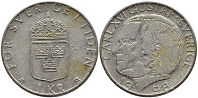 Швеция 1 крона 1998 Карл XVI Густав (1973- ) KM 852a медно-никель 4610-1021