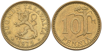 ФИНЛЯНДИЯ 10 ПЕННИ 1975 S KM 46 алюминиевая бронза 192-1039