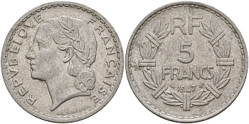 Франция 5 франков 1947 открытая 9, тип Лаврийе KM 888b.2, Le Franc 339.9 алюминий 4599-441