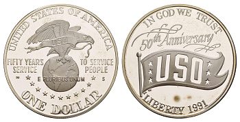 США 1 доллар 1991 S, 50 лет объединённым организациям обслуживания (USO), оригинальная коробка, сертификат KM 232 серебро PROOF 8-2-04-38