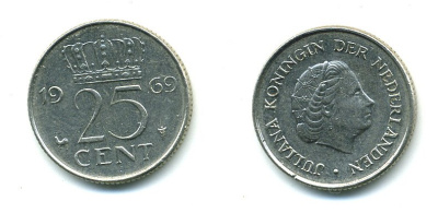 Нидерланды 25 центов 1969 Юлиана (1948-1980) KM 183 никель 76-517