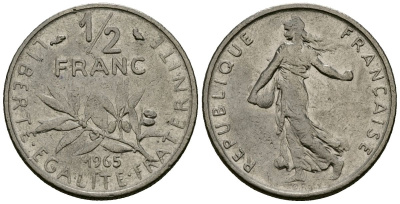 Франция 1/2 франка 1965 сеятель KM 931, Le Franc 198.3 никель 4135-647