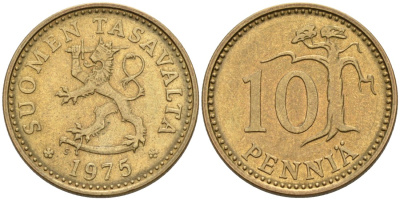 ФИНЛЯНДИЯ 10 ПЕННИ 1975 S KM 46 алюминиевая бронза 192-1039