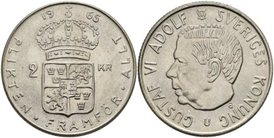 Швеция 2 кроны 1965 U, Густав VI Адольф (1950-1973) KM 827 серебро UNC 4517-542