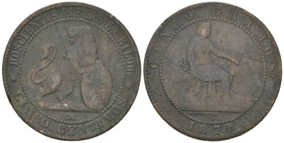 Испания 5 сентимо 1870 ОМ, лев со щитом KM 662 бронза 113-312