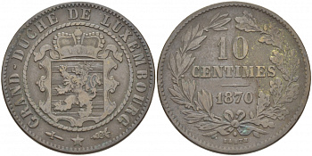 ЛЮКСЕМБУРГ 10 САНТИМОВ 1870 ВИЛЬЯМ III НИДЕРЛАНДСКИЙ (1849-1890) KM 23.1 бронза 4403-1111