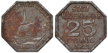 Германия, Мюльхайм-ан-дер-Рур 25 пфеннигов 1921 Северный Рейн-Вестфалия, нотгельд железо 4121-115