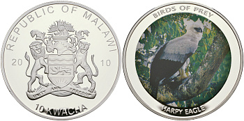 Малави 10 квача 2010 хищные птицы, гвианская гарпия, цветная эмаль, диаметр 50 мм PROOF 05-089-24