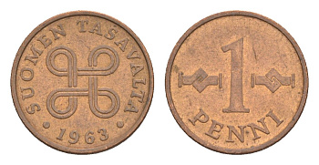 Финляндия 1 пенни 1963 первый год KM 44 медь 4647-228