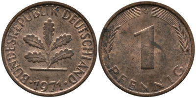 ФРГ 1 пфенниг 1971 G KM 105, J.380 сталь плакированная медью 99-317