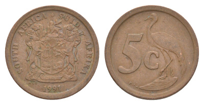 ЮАР 5 центов 1991 герб, райский журавль KM 134 сталь плакированная медью 4621-427
