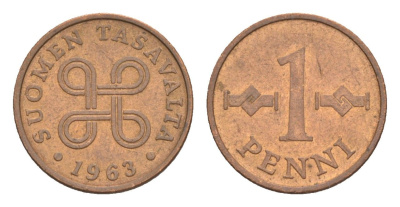 Финляндия 1 пенни 1963 первый год KM 44 медь 4647-228