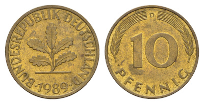 ФРГ 10 пфеннигов 1989 D KM 108, J. 383 сталь плакированная латунью 187-767