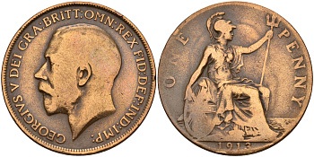 Великобритания 1 пенни 1913 Георг V (1910-1936) KM 810, Spink 4051 бронза    4149-421