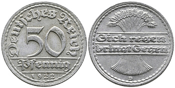 ГЕРМАНИЯ 50 ПФЕННИГОВ 1922 D KM 27, J. 301 алюминий 24-1112