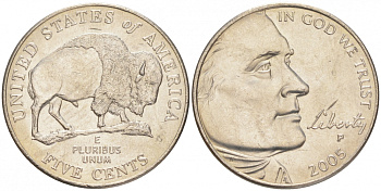 США 5 ЦЕНТОВ 2005 P, СЕРИЯ 200 ЛЕТ ЭКСПЕДИЦИИ ЛЬЮИСА И ЛАРКА - БИЗОН, ИЗ РОЛЛА KM 368 медно- никель UNC M32-13