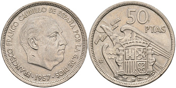 Испания 50 песет 1957 (58) Франсиско Франко (1939-1975) KM 788 медно-никель 189-921