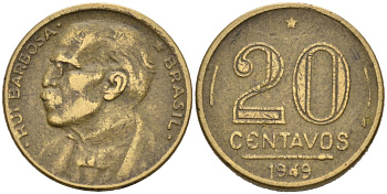 Бразилия 20 сентаво 1949 Руй Барбоза ди Оливейра KM 562, Schon 65 алюминиевая бронза 4178-435