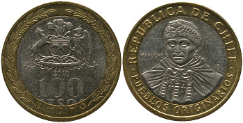 Чили 100 песо 2010 So KM 236, Schon 84 биметалл 4544-236