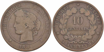 ФРАНЦИЯ 10 САНТИМОВ 1884 A, ТРЕТЬЯ РЕСПУБЛИКА (1871-1940) KM 815.1, LA FRANC 135.28 бронза 97-845