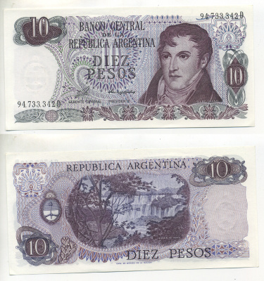 АРГЕНТИНА 10 ПЕСО 1975 СЕРИЯ D 94733, МАНУЭЛЬ БЕЛЬГРАНО Pick 295 бумага UNC (ПРЕСС) 6299-29-1