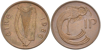 Ирландия 1 пенни 1986 мифологическая птица лира KM 20 бронза 4582-142