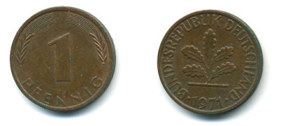 ФРГ 1 ПФЕННИГ 1971 J KM 105, J.380 сталь плакированная медью 3999-1042