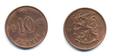 Финляндия 10 пенни 1935 республика (1918-1962) KM 24 медь 51-5457