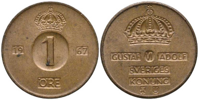 Швеция 1 эре 1967 U, Густав VI Адольф (1950-1973) KM 820 бронза 201-1157