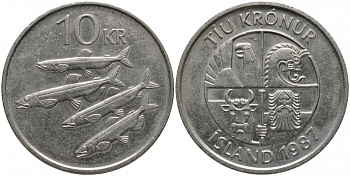 Исландия 10 крон 1987 РЫБЫ KM 29.1 медно-никель 181-642