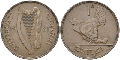 Ирландия 1 пенни 1931 курица с цыплятами KM 3 бронза 215-135