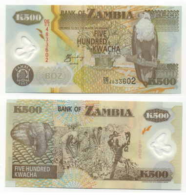 Замбия 500 квач 2005 орлан крикун, слон, сбор хлопка Pick 44 d пластик UNC (пресс) 7204-32-1