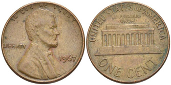 США 1 ЦЕНТ 1967 ЛИНКОЛЬН KM 201 медь цинк 216-1047