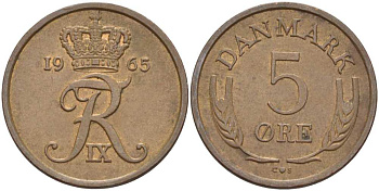 ДАНИЯ 5 ЭРЕ 1965 C; S, ФРЕДЕРИК IX (1947-1972) KM 848.1 бронза 67-751