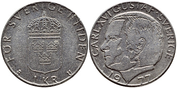 Швеция 1 крона 1977 Карл XVI Густав (1973- ) KM 852 медь плакированная медно-никелем 4397-825