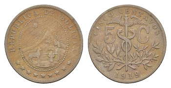 Боливия 5 сентаво 1919 KM 173 медно-никель 4655-621