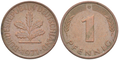 ФРГ 1 ПФЕННИГ 1971 D KM 105, J. 380 сталь плакированная медью 4181-557
