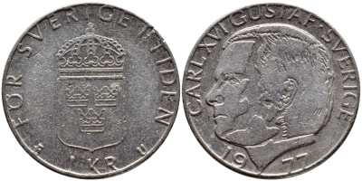 Швеция 1 крона 1977 Карл XVI Густав (1973- ) KM 852 медь плакированная медно-никелем 4397-825