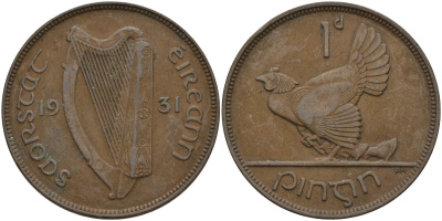 Ирландия 1 пенни 1931 курица с цыплятами KM 3 бронза 4144-1131