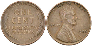 США 1 ЦЕНТ 1935 ЛИНКОЛЬН KM 132 бронза 3309-1237